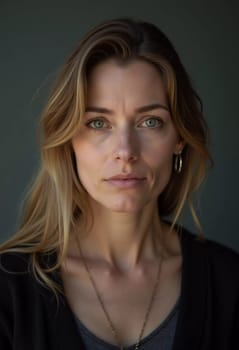 A Russian woman stands gracefully with long, flowing hair and striking grey eyes. Soft light enhances her natural beauty, creating an intimate atmosphere. Serious woman 40-50 years old. Generative AI.