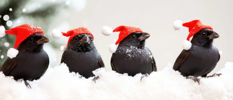 Four black birds are perched on white snow each wearing a red Christmas hat creating a joyful winter holiday atmosphere.