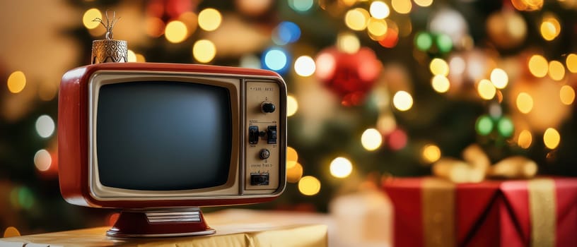 A classic television set sits next to a brightly lit Christmas tree adorned with colorful ornaments and presents during the festive season.
