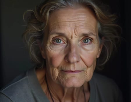 A senior woman from Russia gazes directly at viewer, highlighting her wise, expressive features. Soft lighting creates a warm atmosphere, emphasizing her character and life experience. Generative AI.