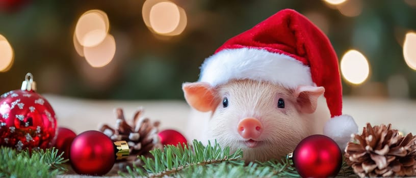A cute piglet in a red Christmas hat rests among holiday ornaments and pinecones capturing the spirit of the season in a cheerful setting.