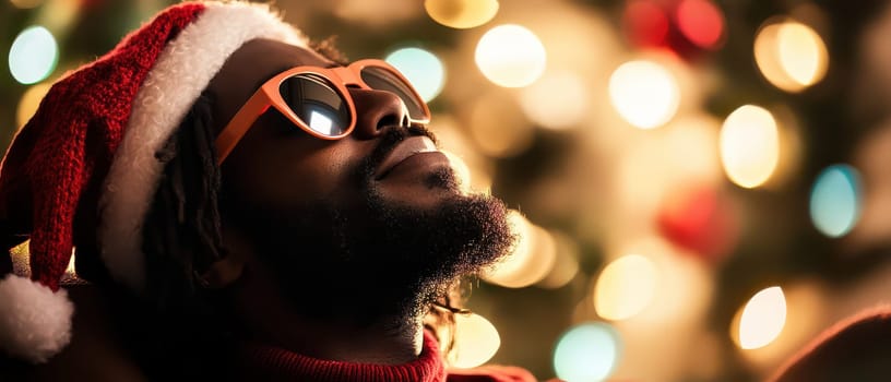 A joyful individual wears a Santa hat and sunglasses enjoying the festive atmosphere created by colorful holiday lights.