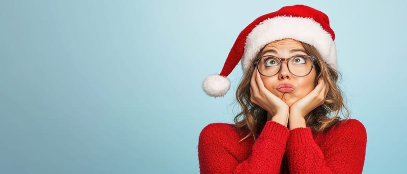 A woman in a red sweater and Christmas hat shows an intrigued expression as she contemplates holiday festivities with joy and anticipation.