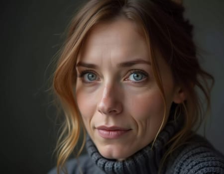 Middle-aged woman, wavy brown hair, captivating blue eyes. She stands confidently exuding grace and poise. A resident of Russia, a woman 40-50 years old. Portrait of an ordinary woman. Generative AI.