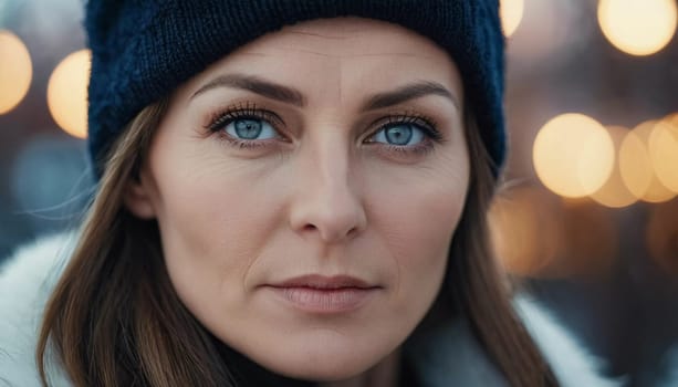 Middle-aged woman, wavy brown hair, captivating blue eyes. She stands confidently exuding grace and poise. A resident of Russia, a woman 40-50 years old. Portrait of an ordinary woman. Generative AI.
