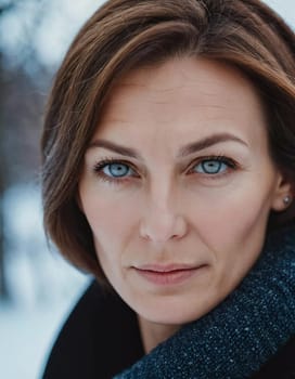 Middle-aged woman, wavy brown hair, captivating blue eyes. She stands confidently exuding grace and poise. A resident of Russia, a woman 40-50 years old. Portrait of an ordinary woman. Generative AI.