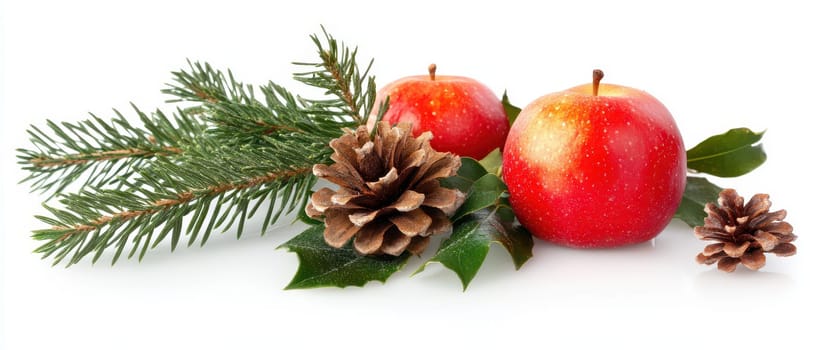 Bright red apples sit among pine branches and pinecones capturing the spirit of Christmas with natural elements and holiday charm.