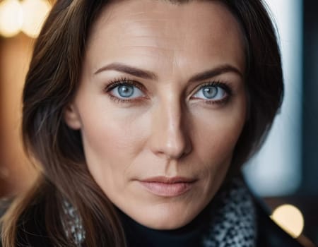 Middle-aged woman, wavy brown hair, captivating blue eyes. She stands confidently exuding grace and poise. A resident of Russia, a woman 40-50 years old. Portrait of an ordinary woman. Generative AI.