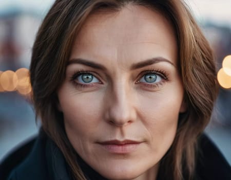 Middle-aged woman, wavy brown hair, captivating blue eyes. She stands confidently exuding grace and poise. A resident of Russia, a woman 40-50 years old. Portrait of an ordinary woman. Generative AI.