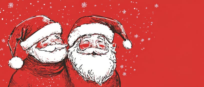 Two joyful Santas wearing red hats smile against a vibrant red background while gently falling snow adds to the festive atmosphere.