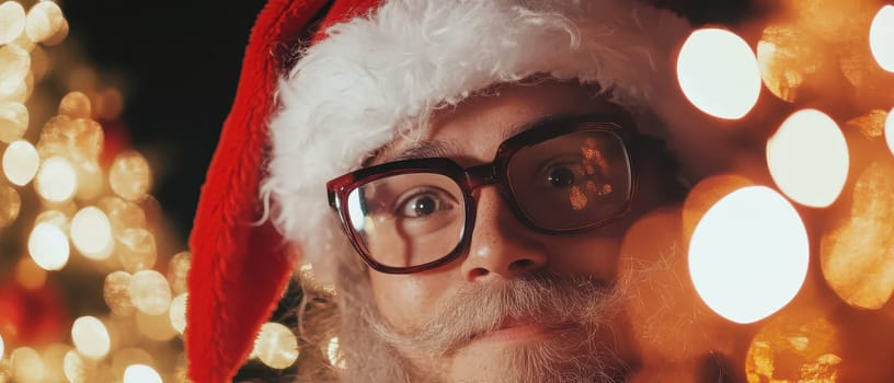 A person in a santa hat enjoys a joyous Christmas celebration surrounded by twinkling lights and decorated trees during the holiday season.