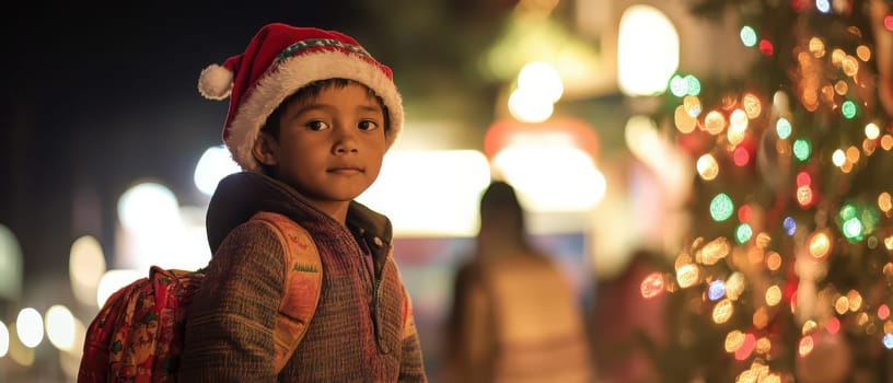 A young boy wearing a Santa hat stands with a backpack near a brightly lit Christmas tree during a joyful holiday gathering.
