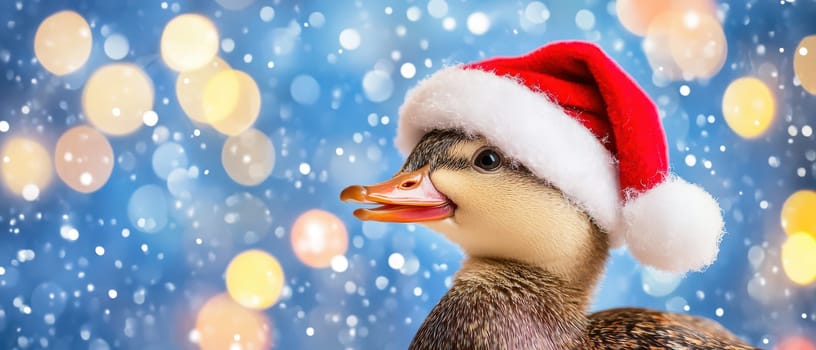 A duck is playfully wearing a red Christmas hat with a white brim. The backdrop features colorful bokeh lights and a snowy effect.
