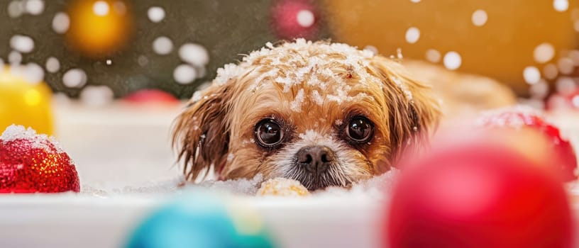 A small dog lies in a festive setting surrounded by colorful ornaments and falling snowflakes capturing the joy of Christmas.
