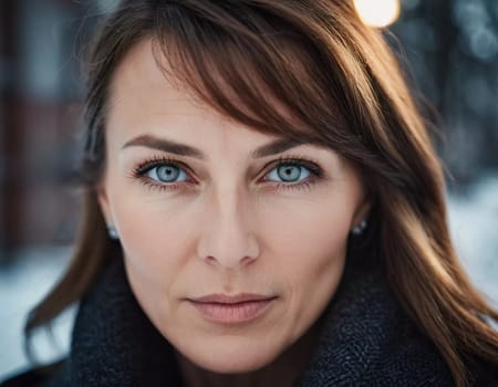 Middle-aged woman, wavy brown hair, captivating blue eyes. She stands confidently exuding grace and poise. A resident of Russia, a woman 40-50 years old. Portrait of an ordinary woman. Generative AI.