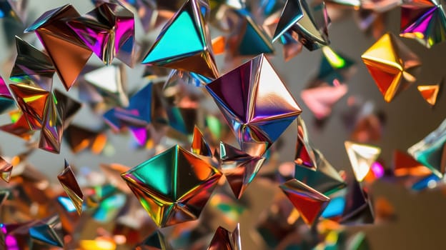 Shiny reflective geometric shapes in vibrant colors float against a neutral background capturing the essence of a festive celebration.