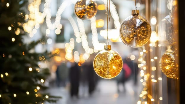 Festive decorations enhance a bustling street filled with holiday shoppers in a charming winter atmosphere capturing the spirit of Christmas.