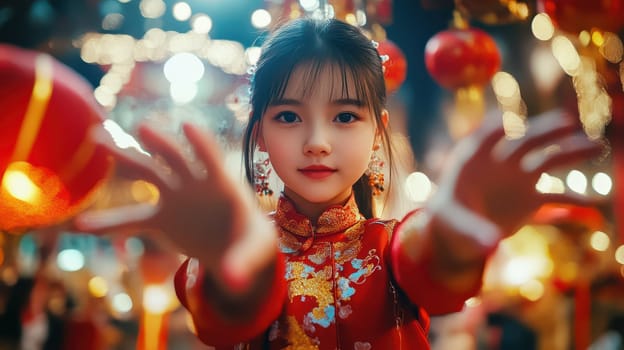 A young girl in bright festive attire extends her hands in a decorated area filled with lights and Christmas ornaments radiating joy.