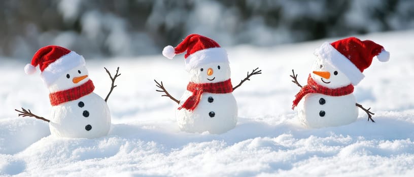 Three cheerful snowmen are adorned with red hats and scarves while standing in a snowy landscape embodying the spirit of Christmas joy.