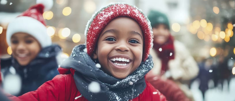 Children are playing in the snow during Christmas smiling and laughing as snowflakes fall around them in a festive environment.