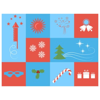 Vector Merry Christmas and Happy Holiday Greeting Card with stars, gift, balls, box, moon, sun, tree, snowflake. Feliz Navidad. Happy New Year.