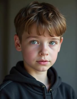 A young boy from Russia gazes directly at the viewer with captivating grey eyes. His tousled hair frames his face and he wears a cozy casual clothes. Rosy cheeks, piercing serious look. Generative AI