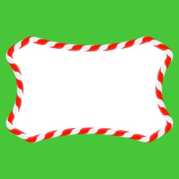 Vector Christmas candy cane frame with red and white stripes on green background. Xmas border.