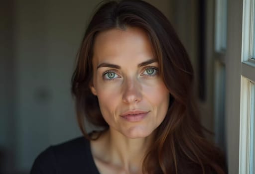 A Russian woman stands gracefully with long, flowing hair and striking grey eyes. Soft light enhances her natural beauty, creating an intimate atmosphere. Serious woman 40-50 years old. Generative AI.
