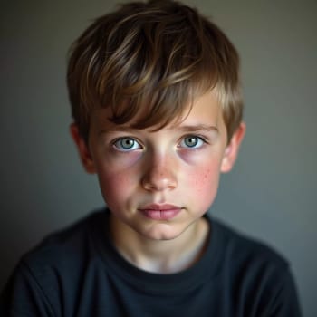 A young boy from Russia gazes directly at the viewer with captivating grey eyes. His tousled hair frames his face and he wears a cozy casual clothes. Rosy cheeks, piercing serious look. Generative AI