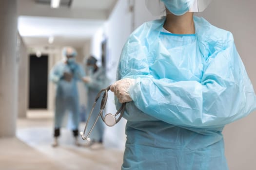 front view doctor wearing protective wear hospital