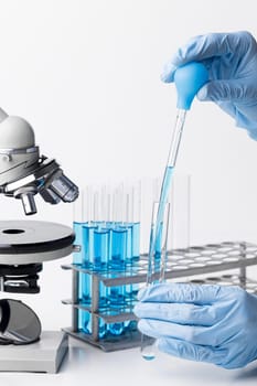 front view blue chemical substances lab