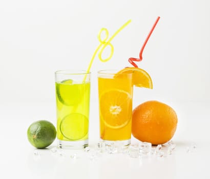 front view fruit juice glasses with straws