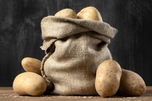 front view burlap sack with potatoes
