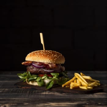front view burger fries table