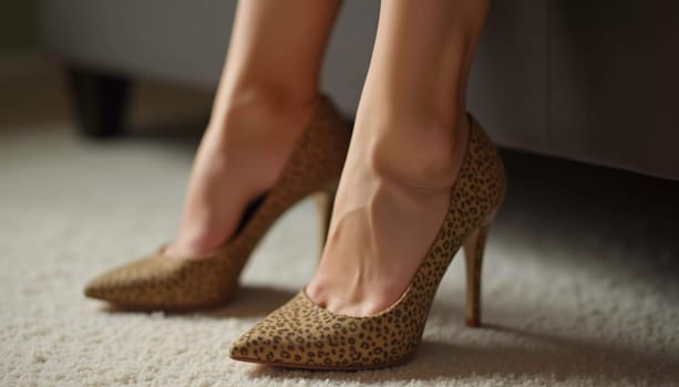 Close-up of shiny beige stiletto heels accentuating an elegant ankle. The setting features a minimalist background, emphasizing the sophisticated footwear. Generative AI.