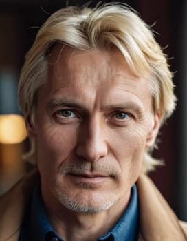 A middle-aged man with blonde hair and brown eyes gazes directly at the viewer, showcasing signs of wisdom and experience. A resident of Russia, a strong-willed man 45-50 years old. Generative AI.