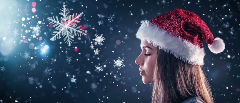 A young woman in a festive Christmas hat revels in falling snowflakes and sparkling lights during the holiday season.