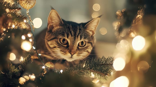 A curious cat explores a beautifully decorated Christmas tree filled with glimmering lights and shiny ornaments on a cozy evening.