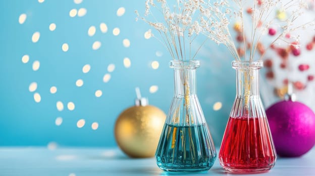 Two clear glass vases hold vibrant blue and red liquids surrounded by shimmering ornaments and twinkling lights for a festive atmosphere.