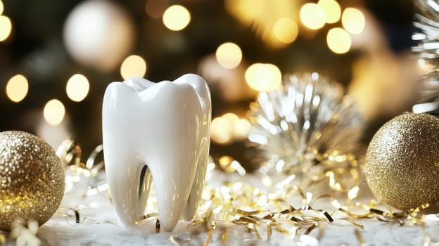 A white tooth sits amid golden ornaments and twinkling lights on a holiday themed table creating a unique Christmas atmosphere.