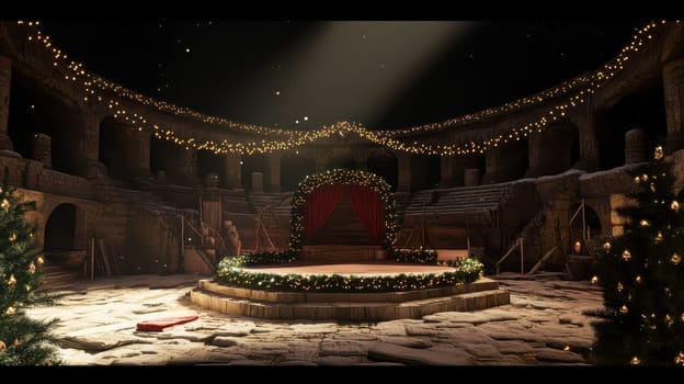 A beautifully decorated ancient arena fills with holiday spirit featuring garlands lights and a stage ready for celebration.