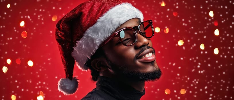 A cheerful man wearing a Santa hat smiles against a vibrant red background adorned with sparkling lights celebrating the Christmas spirit.