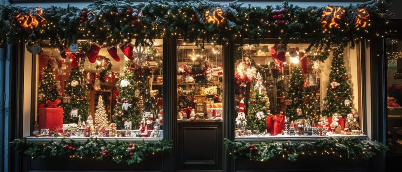 A vibrant holiday window showcases intricate decorations Christmas trees ornaments and festive figures creating a warm holiday atmosphere.