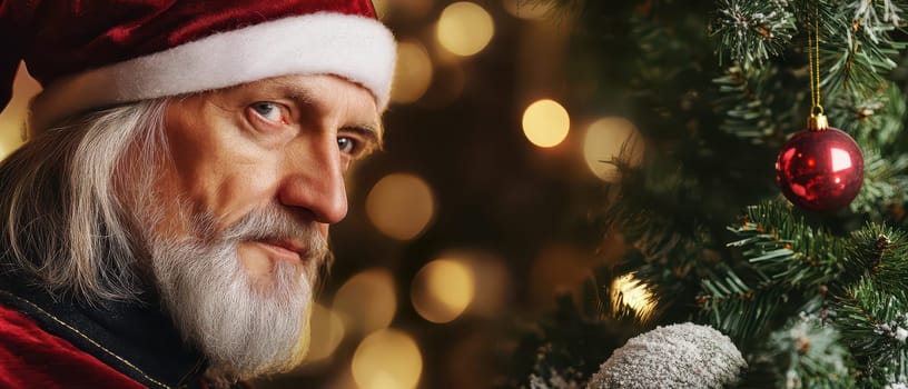 A person dressed as Santa stands next to a decorated Christmas tree ready for festive activities. The warm lights create a cheerful atmosphere.