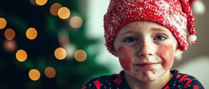 A child in a red hat shows excitement for Christmas with playful decorations on their face. The background features a decorated tree and warm lights.
