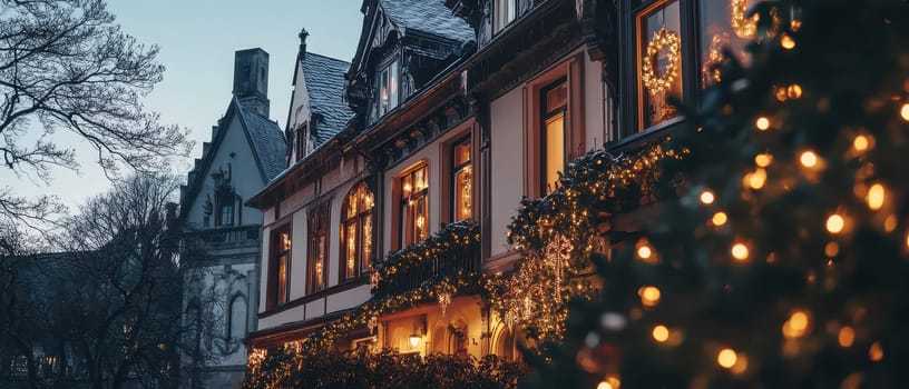 Twinkling lights adorn quaint buildings during a serene winter evening creating a cozy atmosphere filled with holiday spirit.