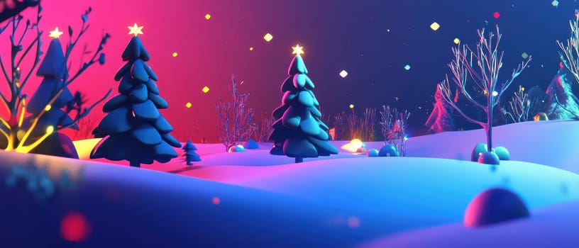 A vibrant winter landscape features decorated Christmas trees under glowing lights in a snowy setting capturing the festive spirit.