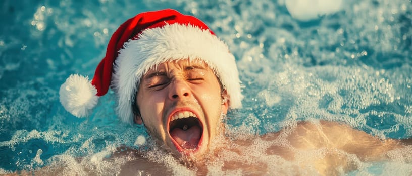 A man swims joyfully in a pool wearing a festive Santa hat. Its a fun winter celebration full of laughter and cheer.
