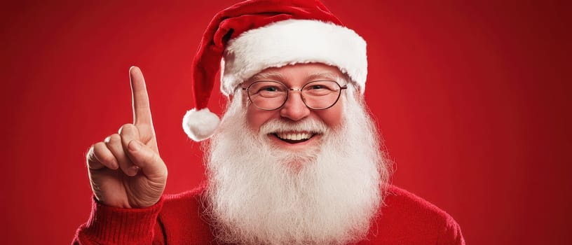 Santa Claus in a festive red outfit with a white hat joyfully points upward radiating the warmth of Christmas spirit against a bright red backdrop.