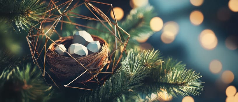 A decorative nest with geometric shapes sits on a Christmas tree branch adorned with soft lights capturing the festive atmosphere of the season.